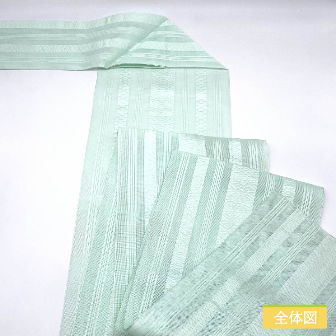 名古屋帯 正絹 薄浅葱色(うすあさぎいろ) 夏帯 博多織 献上柄 帯丈358cm Sランク 全通 カジュアル 緑系 1124006722319 松葉仕立て