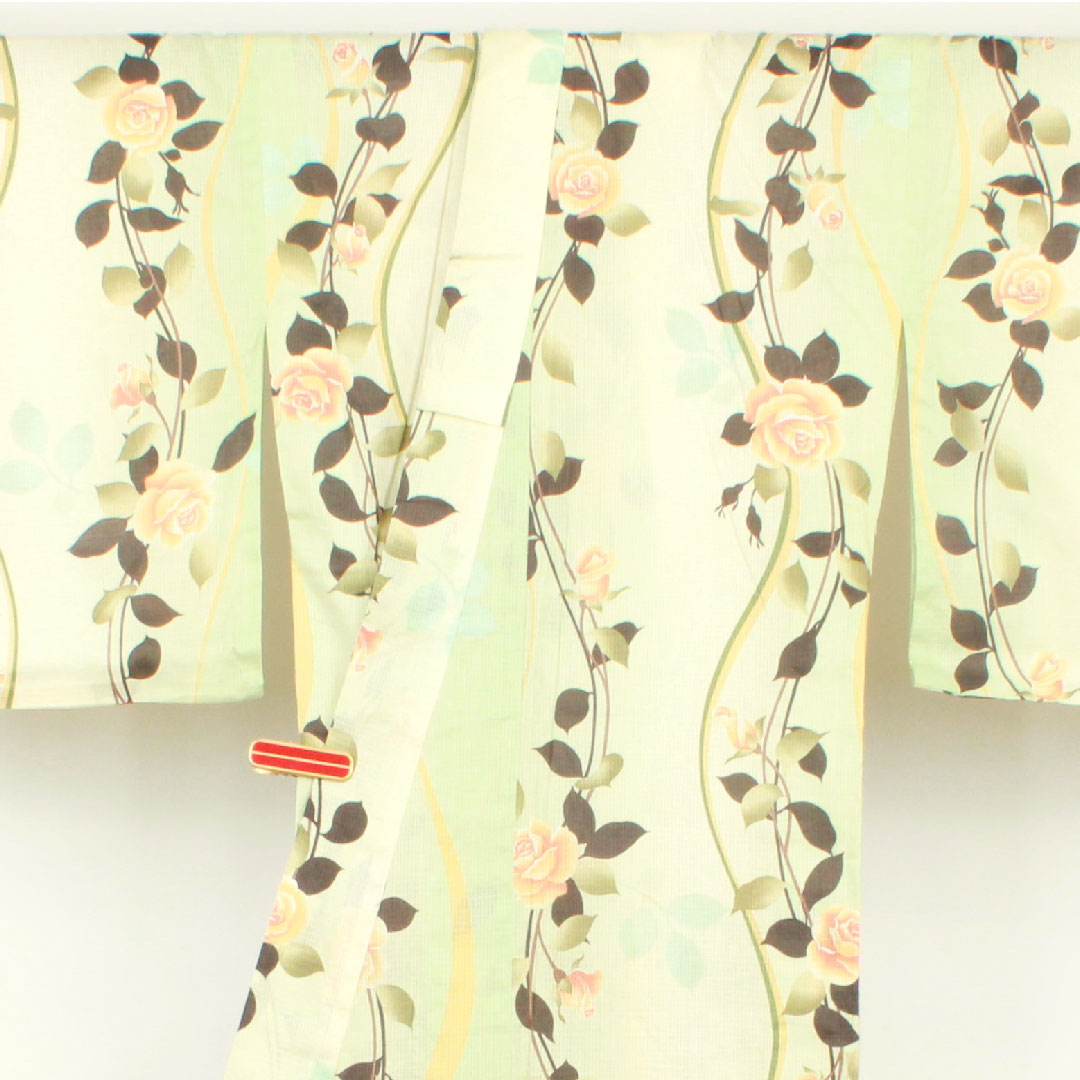 浴衣 薄緑色 乳白色 薔薇 木綿 Sランク 単衣 身丈165.5cm 裄丈67cm グラデーション系 1118000972599