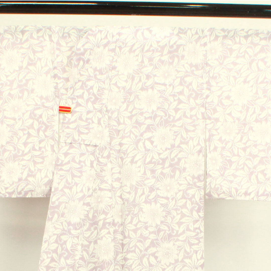 夏物 ポリエステル 小紋 身丈169cm 裄丈67.5cm 灰桜色(はいざくらいろ) マーガレット しつけ糸付き 洗える着物 紗 Sランク 紫系 1132000462520