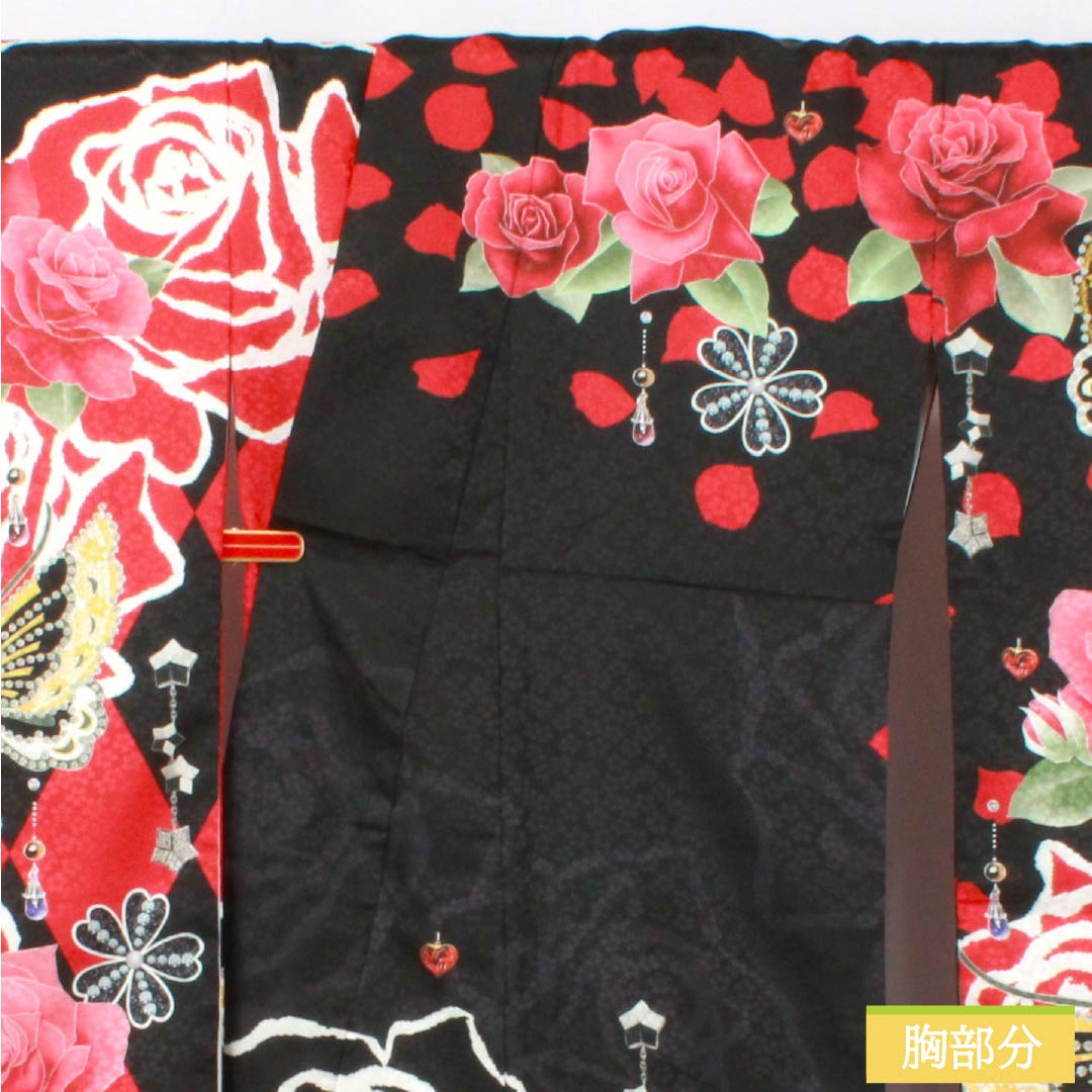 振袖 ポリエステル Sランク 身丈171cm 裄丈67.5cm 袷 薔薇 蝶 洗える着物 黒系 1113002242610