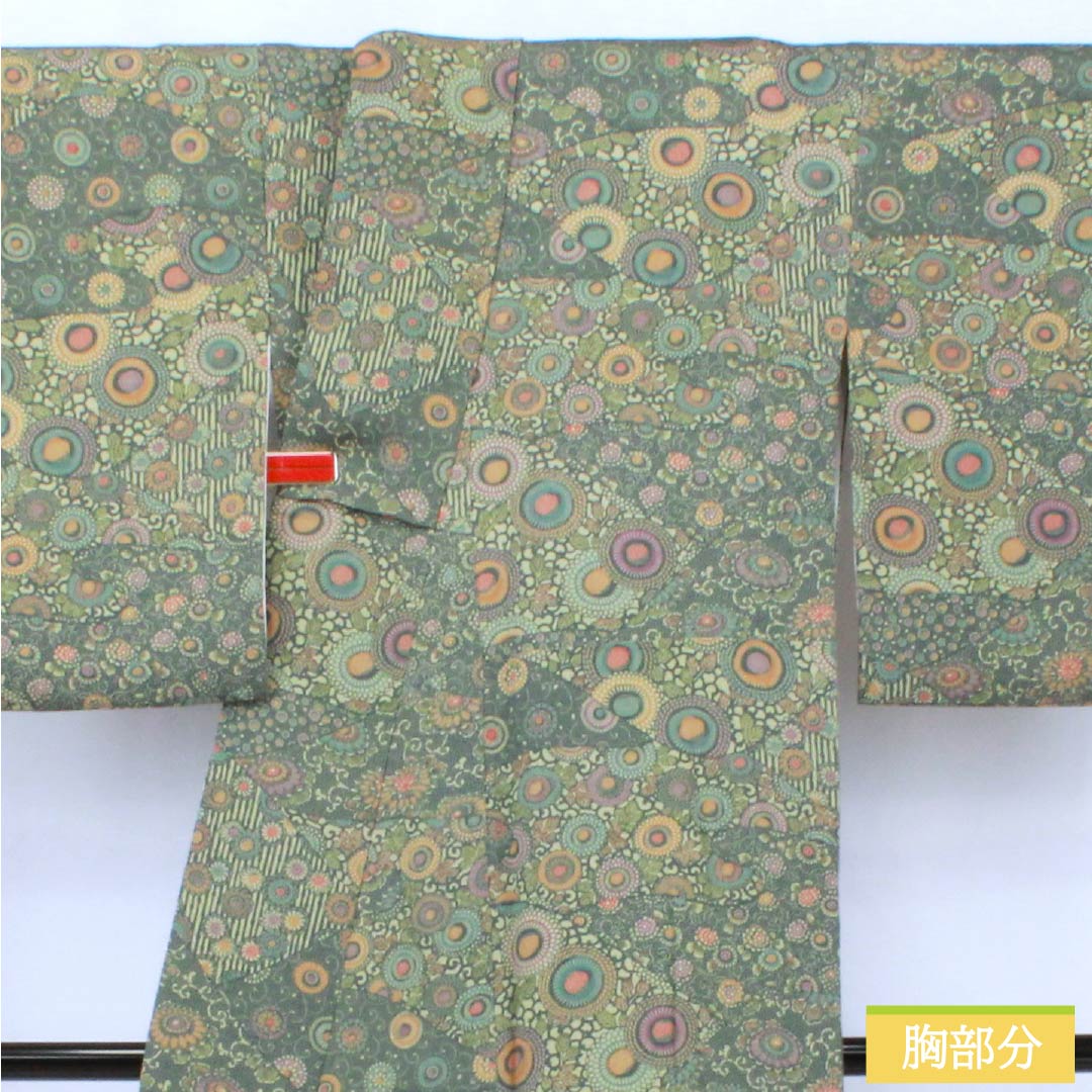 小紋 正絹 Aランク 身丈155.5cm 裄丈64cm 袷 鉄色(てついろ) 江戸小紋 南部幸雄 菊 割付文様 緑系 1115007243319