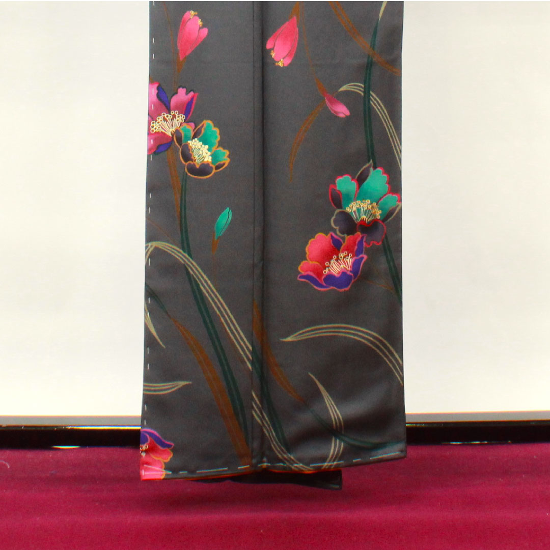 小紋 身丈158.5cm 裄丈64cm 袷 鋼色 しつけ糸付き 未使用品 手描き 京友禅 草花模様 正絹 Sランク グレー系 1115002902322