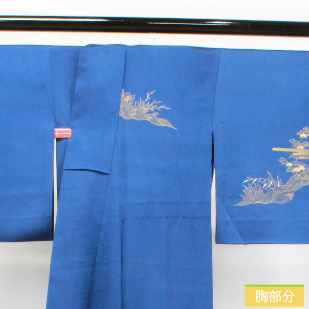 訪問着 正絹 単衣 身丈154.5cm 裄丈63.5cm 濃桔梗色 金彩加工 草花模様 Sランク 紺系 1112003352218