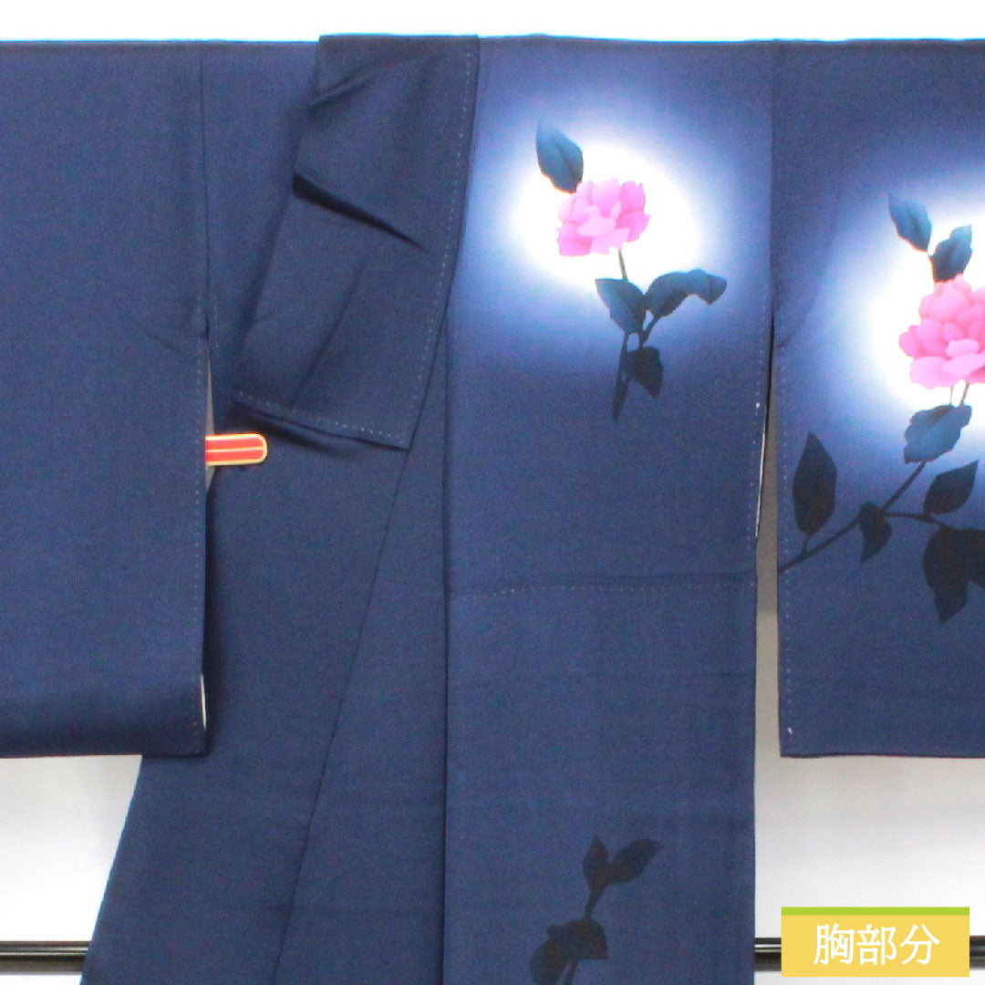 訪問着 正絹 袷 身丈159cm 裄丈65cm 濃紺色(のうこんいろ) 蝶 薔薇 Aランク 紺系 1112005883318
