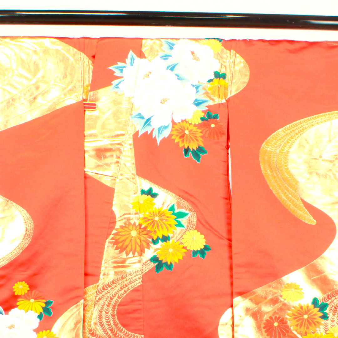 色打掛 身丈194cm 銀朱色 刺繡 孔雀 花車 正絹 Sランク 袷 朱系 1110000252916