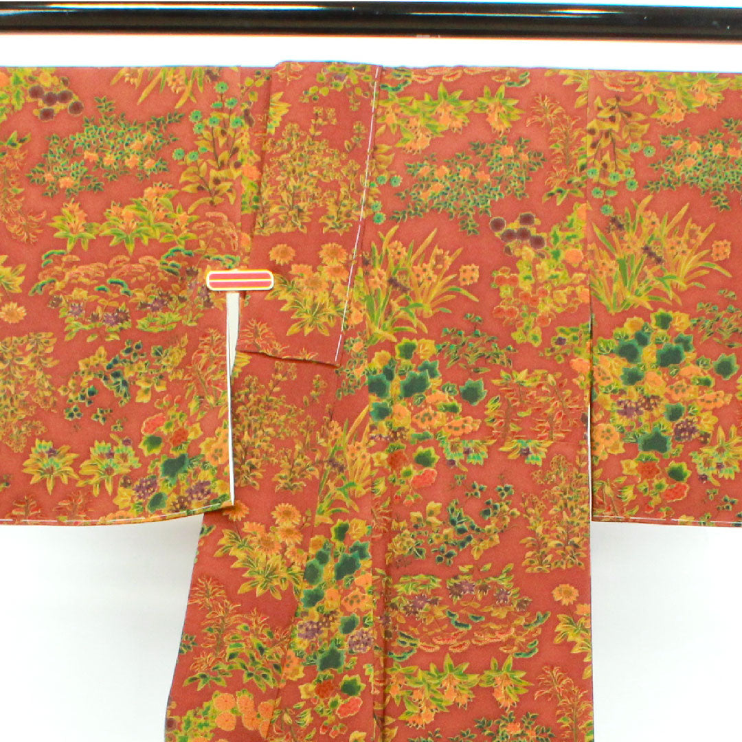 小紋 身丈154.5cm 裄丈61.5cm 袷 錆色 しつけ糸付き 草花模様 正絹 Aランク 茶系 1115003203214