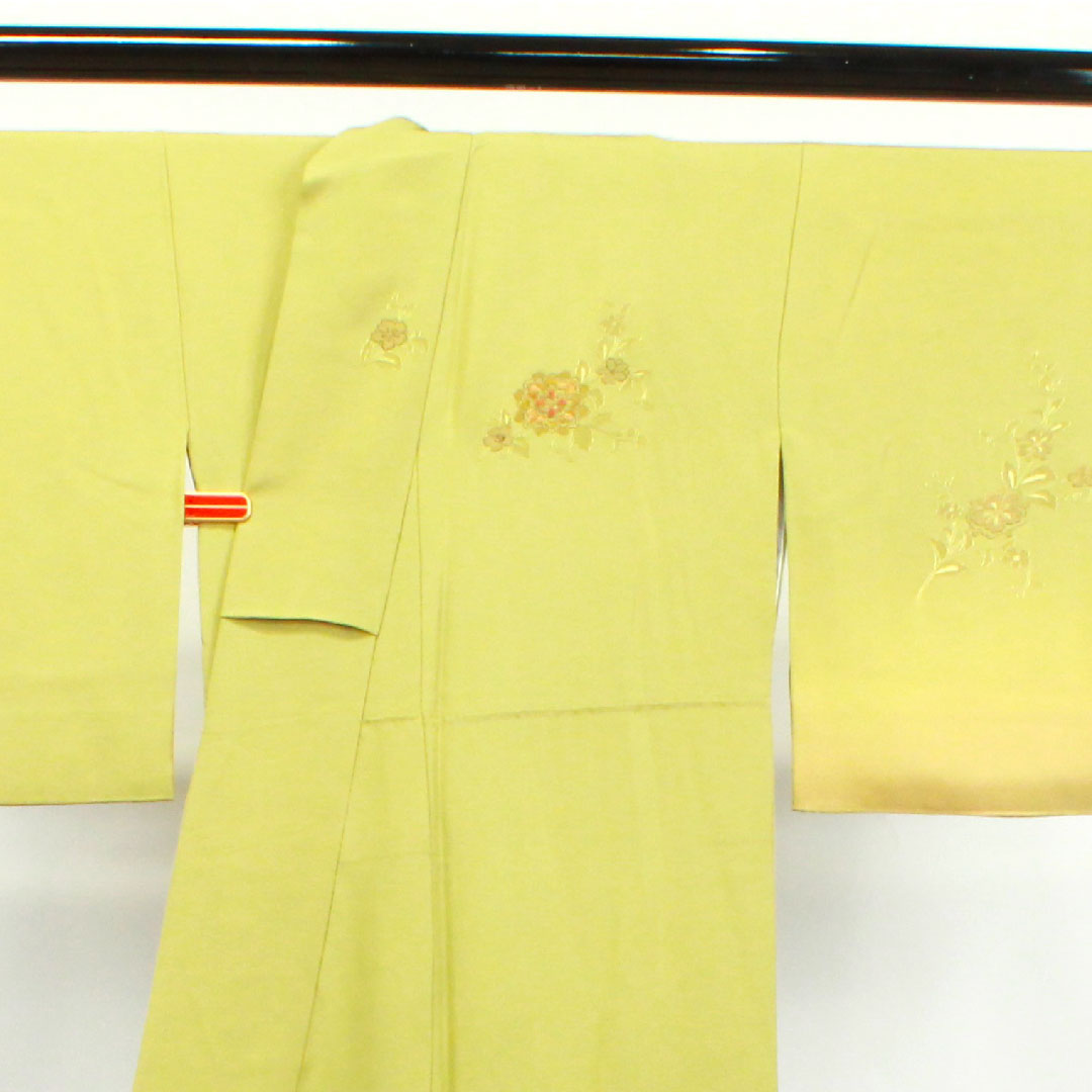 訪問着 正絹 袷 身丈156.5cm 裄丈65cm 浅青朽葉色 蘇州刺繡 汕頭刺繡 草花模様 作家物 五三桐 Sランク 緑系 1112003122319