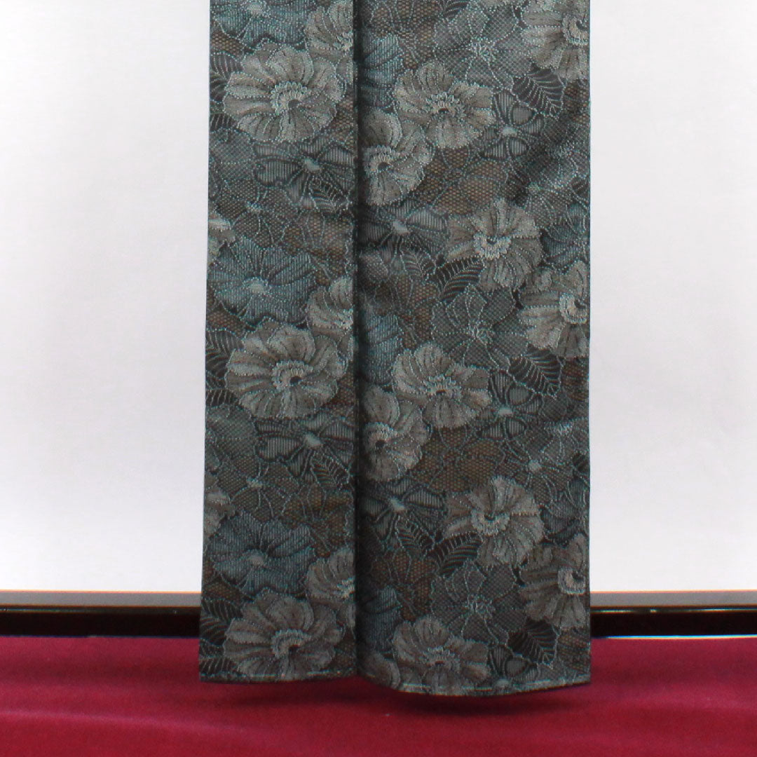 紬 正絹 身丈157.5cm 裄丈63cm お召 花模様 Aランク 袷 黒系 1116001703310