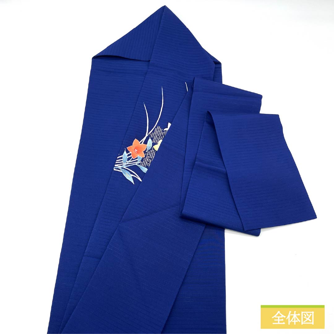 Nagoya Obi, Pure Silk, Ruriiro (Blue), Summer Obi, Dyed Obi with Kikyo (Pink Flower) Design, Length 356cm, S Rank, Pointed Pattern, Semi-Formal, Blue, Item Number 1124008582317, Nagoya Style