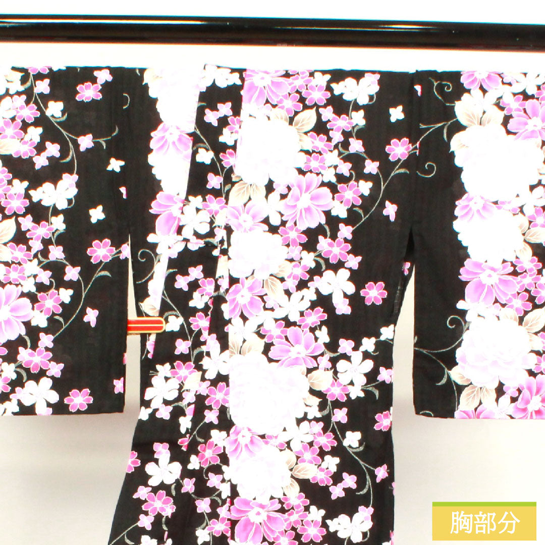 Yukata Cotton Length 165.5cm Sleeve length 64.5cm S rank Single layer Black Rose Cherry blossom 1118004512510