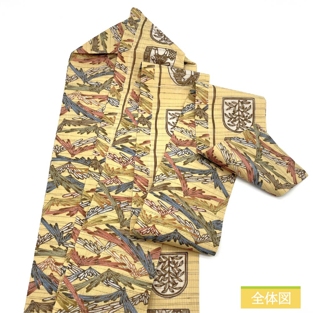 名古屋帯 正絹 卵黄色(らんおういろ) 夏帯 染め帯 インカ模様 帯丈370cm Sランク 全通 カジュアル 黄系 1124007942323 名古屋仕立て
