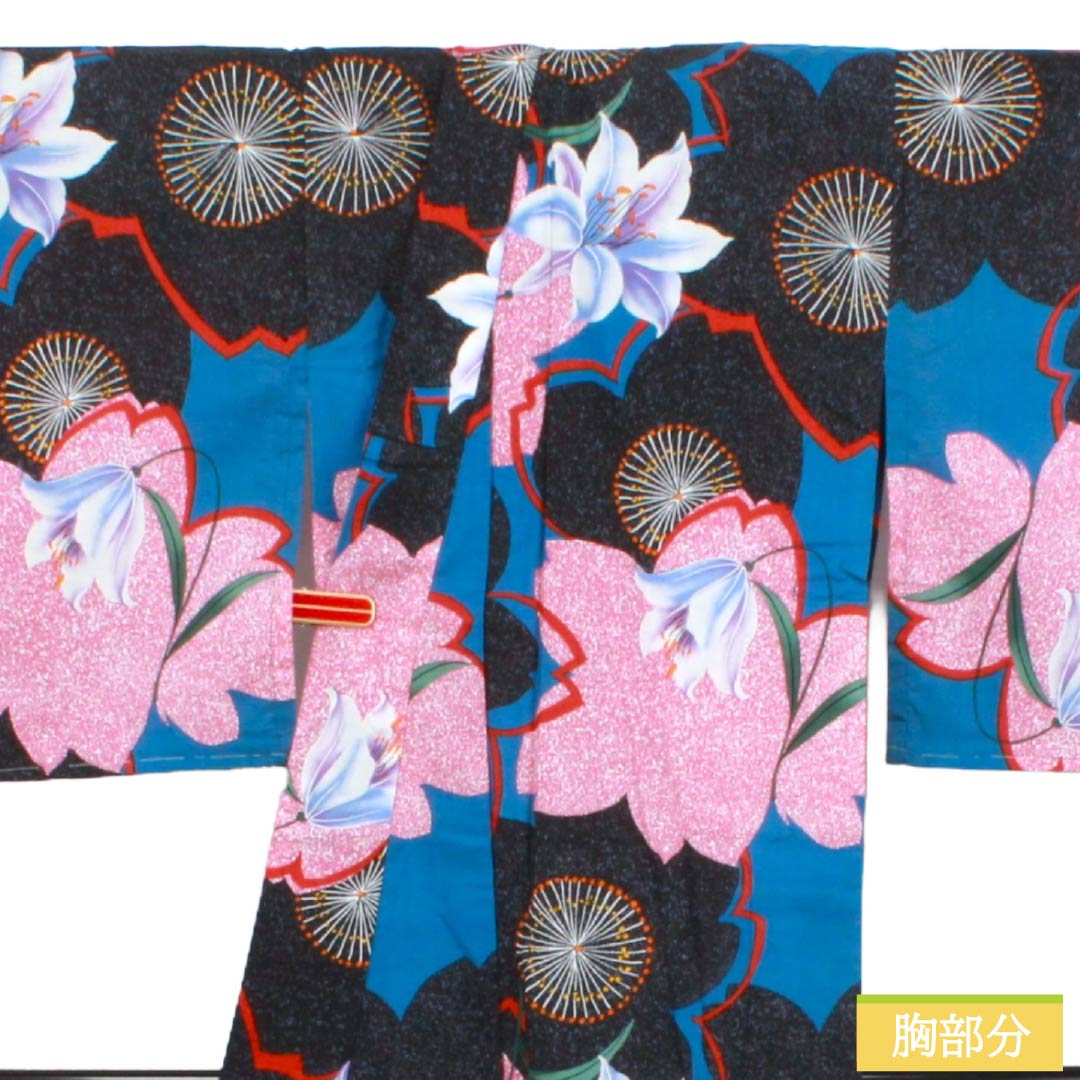 浴衣 木綿 Sランク 身丈165.5cm 裄丈68cm 青黛色(せいたいいろ) 百合 桜 型染 単衣 青系 1118006962517