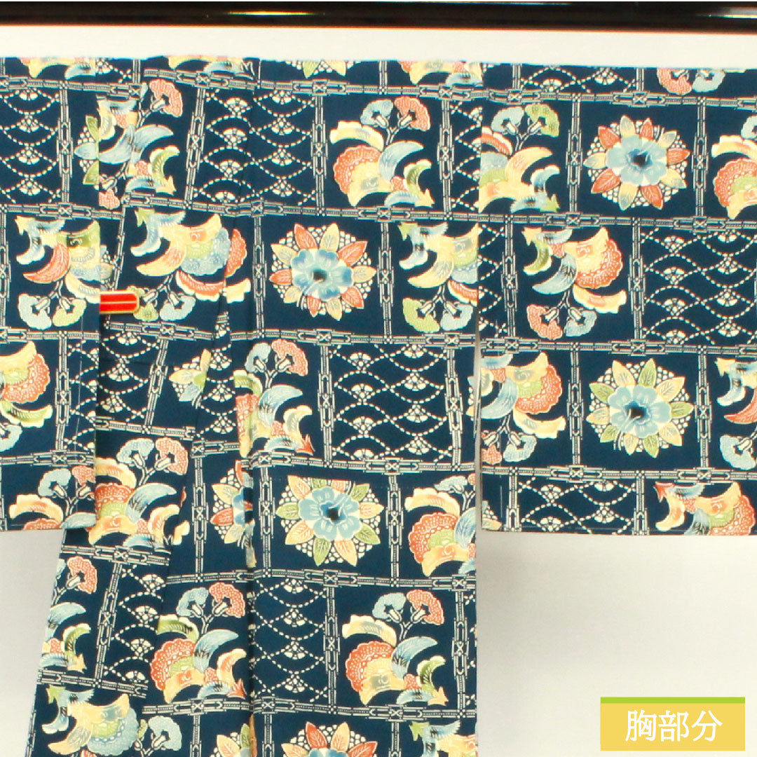 Komon, pure silk, length 153cm, sleeve length 62.5cm, lined, lining color (urairo), Kyoto Bingata, floral pattern, with basting thread, A rank, navy blue, 1115004343218