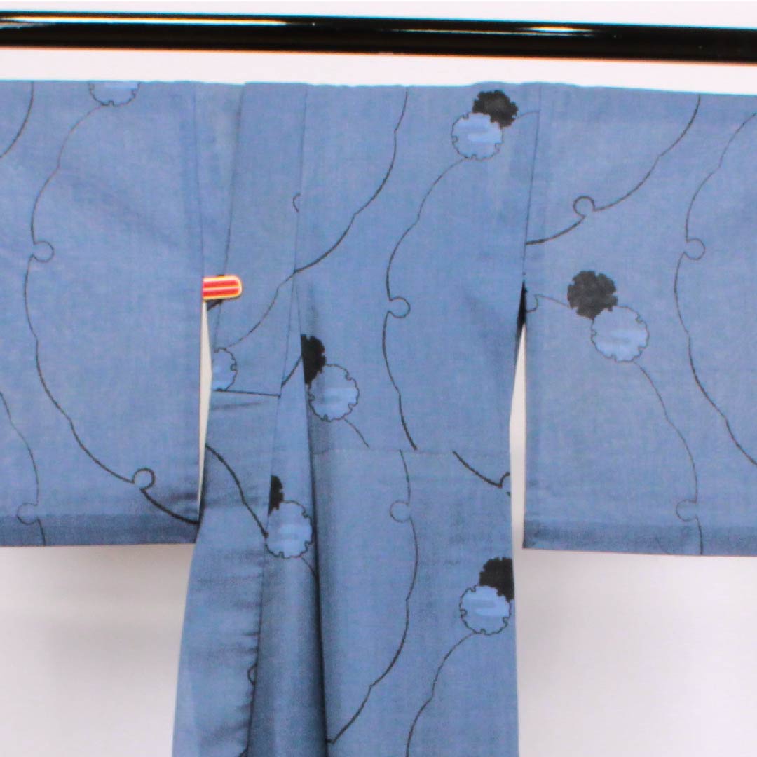 夏物 ポリエステル 小紋 身丈162.5cm 裄丈65cm 瞑色色(めいしょくいろ)雪輪 紗 Sランク 青系 1132000152417