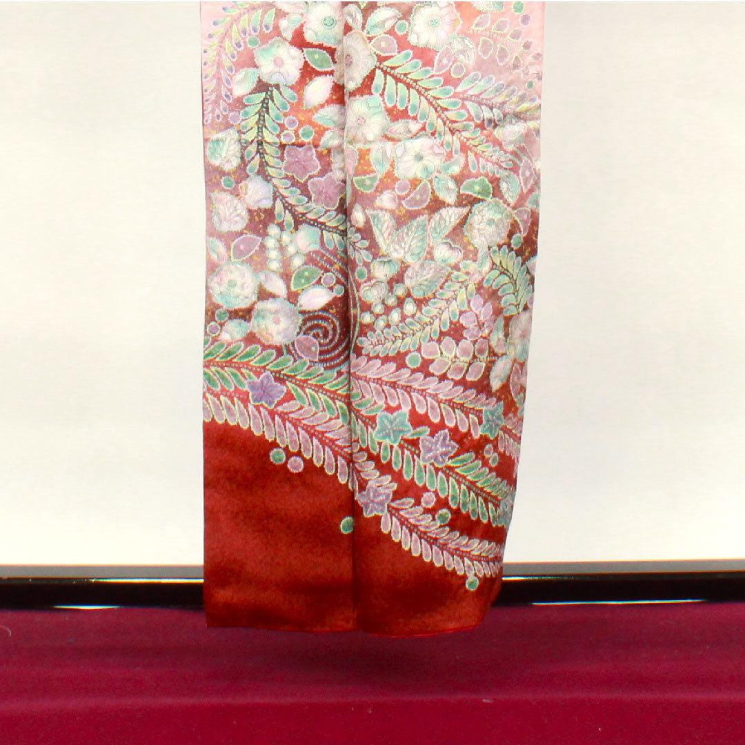 Homongi, lined, length 157cm, sleeve length 62cm, red birch color, Kyo-Yuzen, Tsujigahana, pure silk, S rank, red, 1112002262312