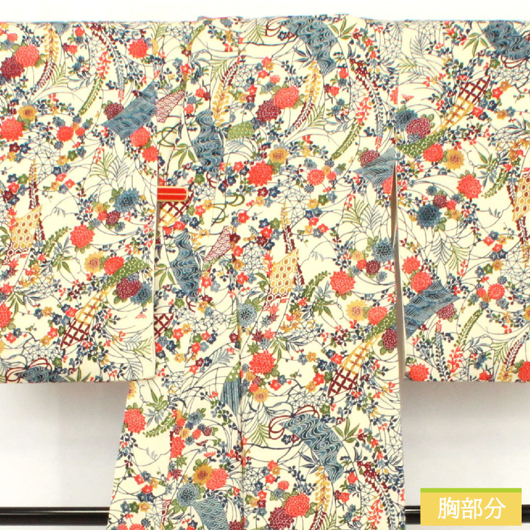 小紋 正絹 身丈154cm 裄丈63cm 袷 乳白色(にゅうはくしょく) 京紅型 吉祥文様 Bランク クリーム系 1115004844215