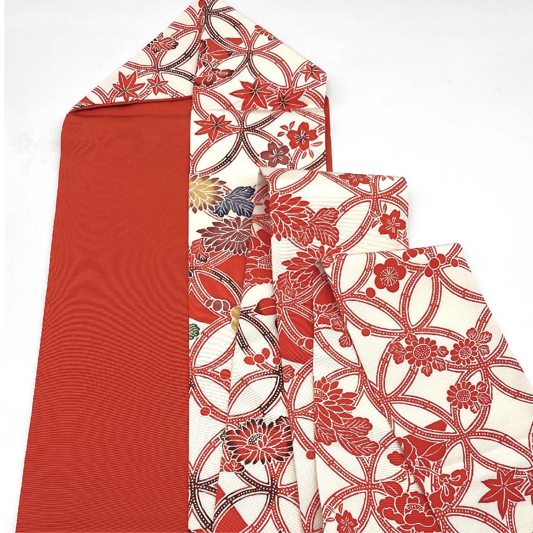 名古屋帯 緋色 七宝つなぎ 花柄 帯丈383cm 正絹 Sランク ポイント柄 カジュアル 朱系 1124004512316 名古屋仕立て