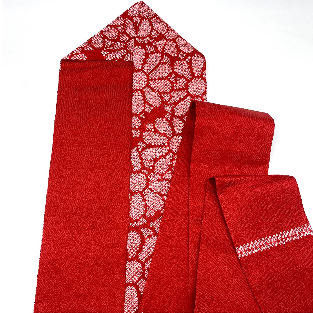 名古屋帯 紅赤色 絞り 小花模様 帯丈352cm 正絹 Sランク 六通 カジュアル 赤系 1124004872312 名古屋仕立て