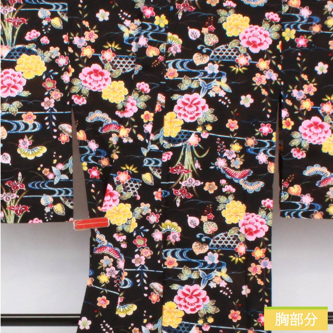 (新品未使用品)浴衣 木綿 身丈167cm 裄丈67cm NEWランク 単衣 黒系 型染 花 松 流水 1118006791510
