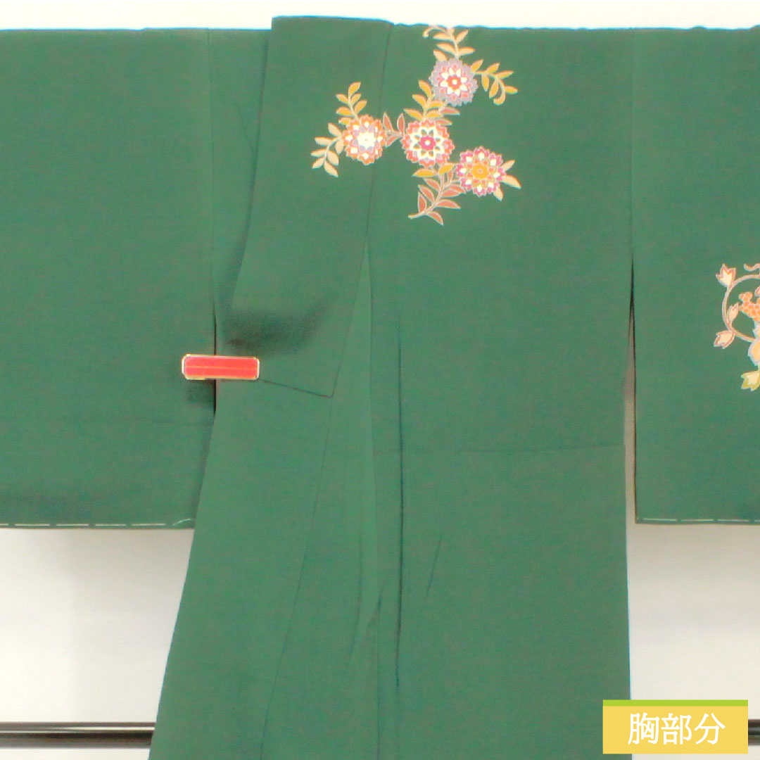 訪問着 正絹 袷 身丈160cm 裄丈63.5cm 柚葉色(ゆばいろ) 京友禅 更紗模様 Sランク 緑系 1112005052419