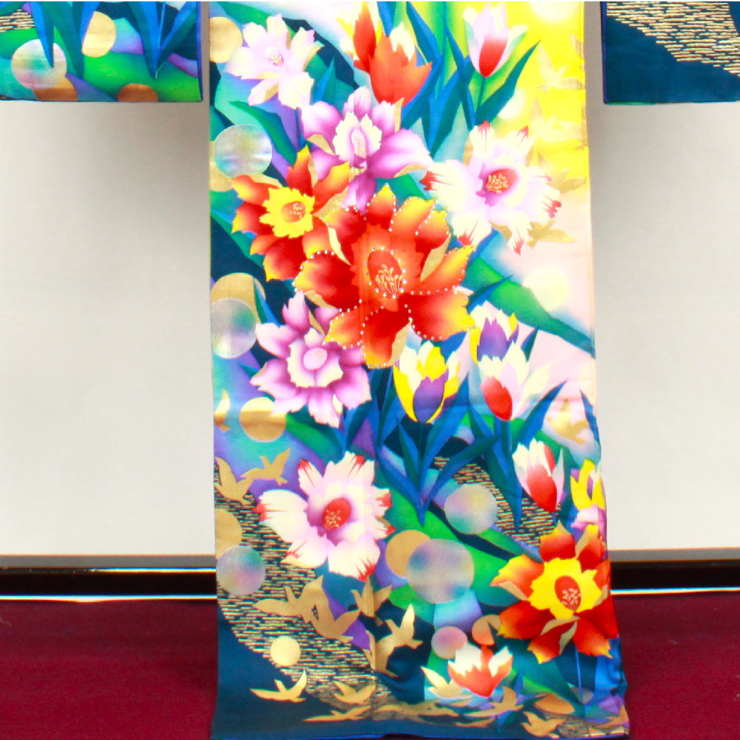 振袖 身丈176.5cm 裄丈64cm 袷 瑠璃色 花鳥模様 正絹 Bランク 紺系 1113001484818