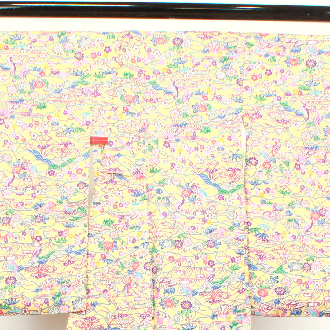 小紋 身丈161.5cm 裄丈65cm 袷 しつけ糸付き 未使用品 薄柑子色 型染 吉祥文様 正絹 Sランク 黄系 1115003392423