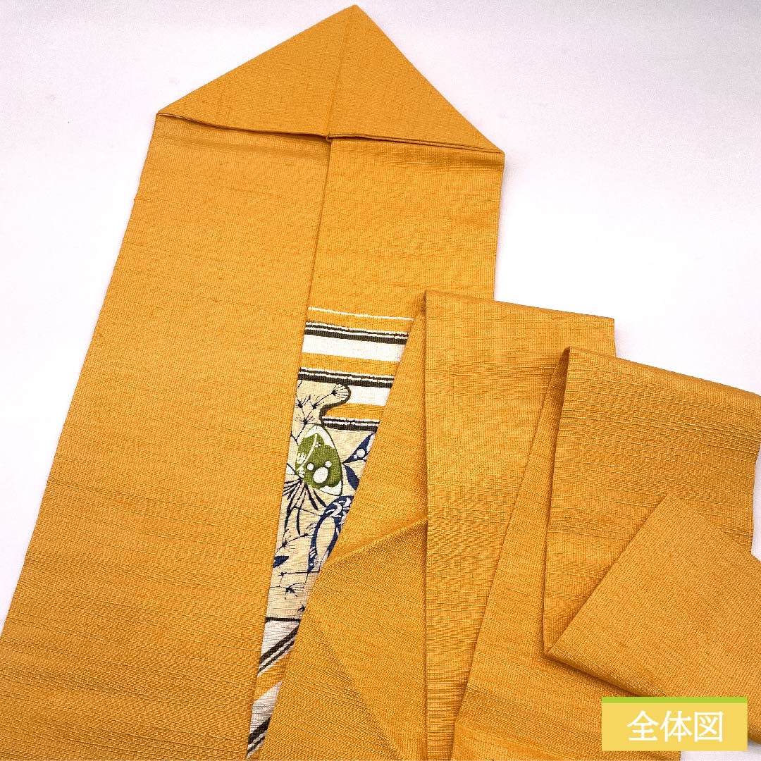 名古屋帯 忘れ草色 型染 鶴 紬地 帯丈362cm 正絹 Sランク ポイント柄 カジュアル 橙系 1124005482326 名古屋仕立て