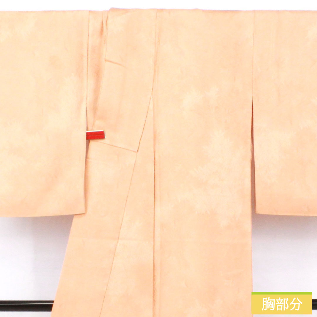 色無地 正絹 身丈156cm 裄丈63.5cm 肌色(はだいろ) 綸子 一つ紋 陰揚羽蝶 袷 Sランク 橙系 1114001902326