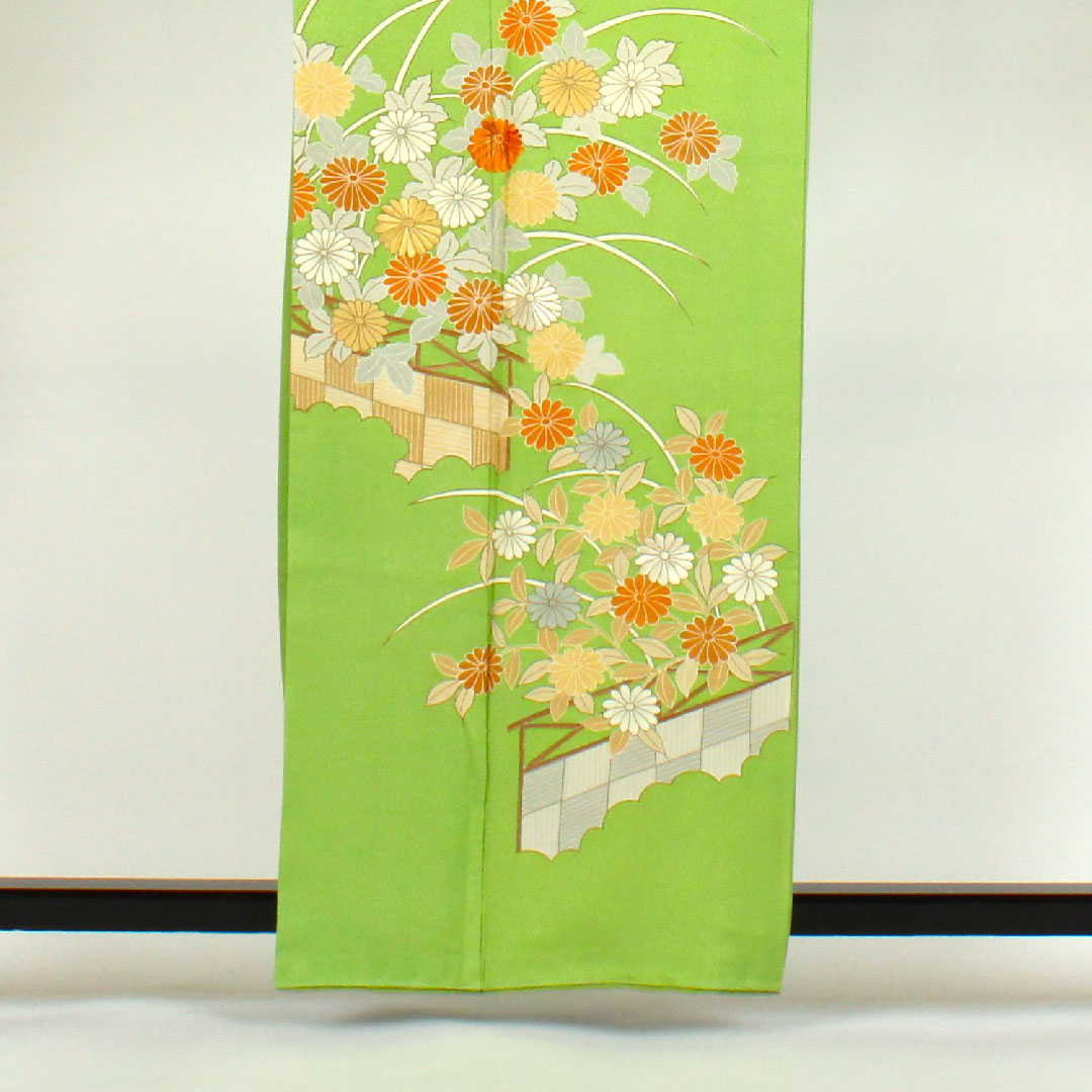 Homongi, lined, length 160cm, sleeve length 64cm, chrysanthemum, pure silk, S rank, green, 1112000332419