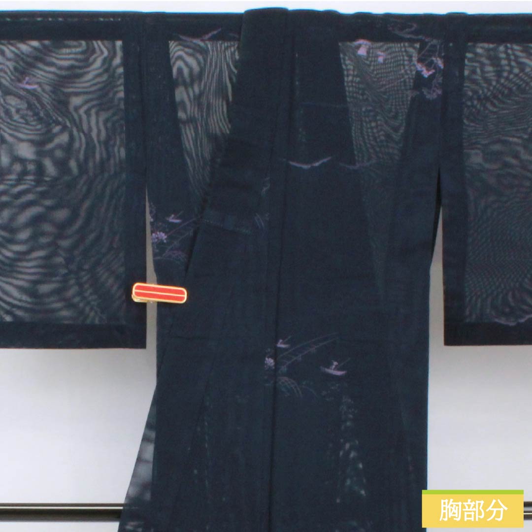 夏物 ポリエステル 小紋 身丈153.5cm 裄丈61.5cm 風景模様 洗える着物 紗 Aランク 紺系 1132002363218