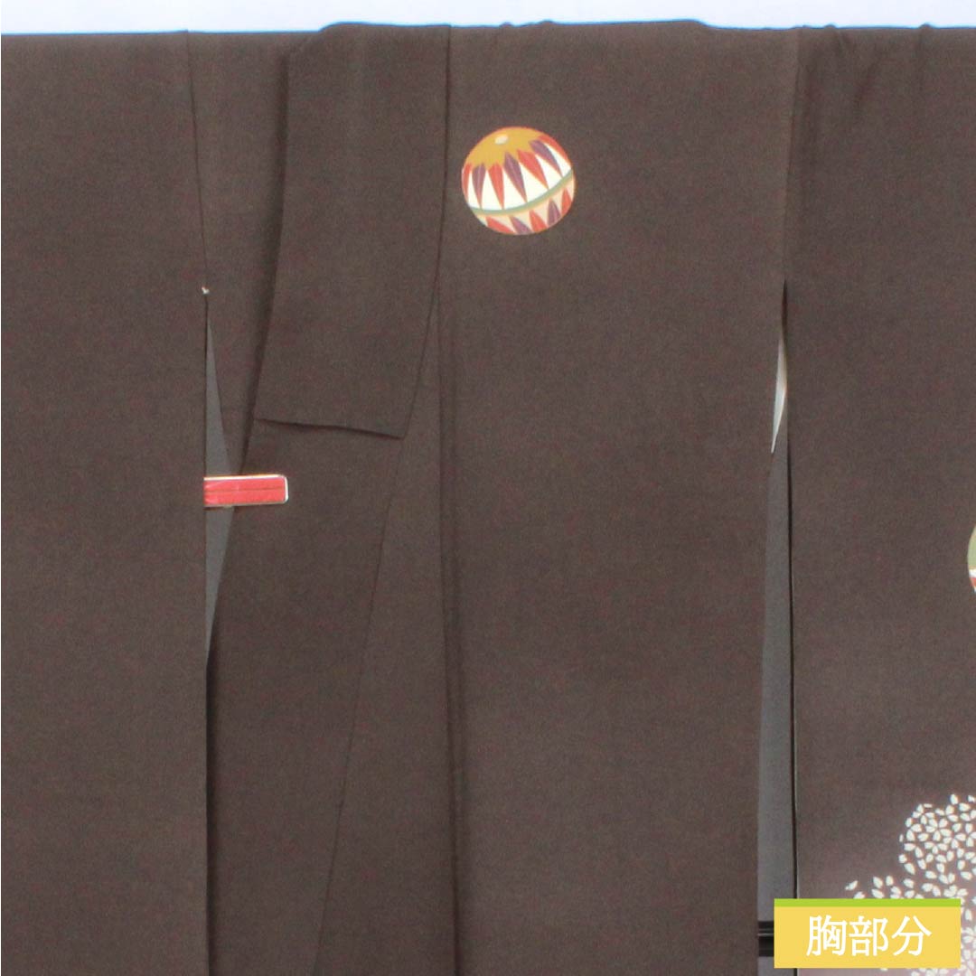 Furisode Kimono (long-sleeved kimono) made of pure silk, rank B, length 173.5cm, sleeve length 69.5cm, lined, ink-colored (sumi-iro) Kyoto Yuzen pattern, ball design, gray tones, product number 1113002744622