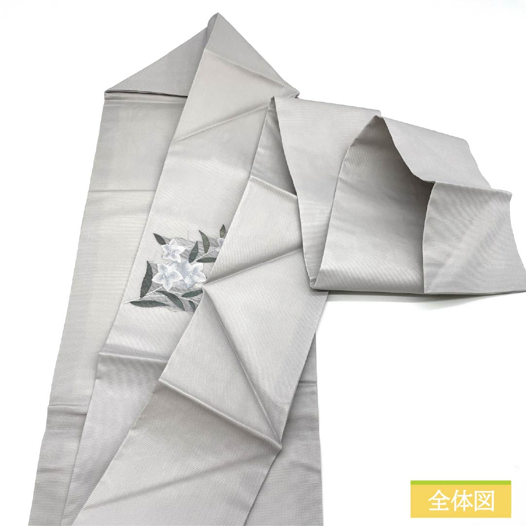 名古屋帯 正絹 銀灰色色(ぎんかいしょくいろ) 夏帯 桔梗 流水 帯丈358cm Sランク ポイント柄 セミフォーマル グレー系 1124008302322 名古屋仕立て