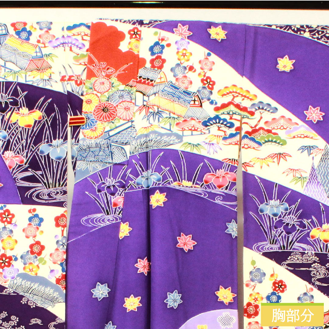 Furisode (long-sleeved kimono) made of pure silk, length 164.5cm, sleeve length 66cm, lined, bellflower color, violet color, Kyoto Bingata, auspicious motif, half-collar, B rank, purple, 1113002014420