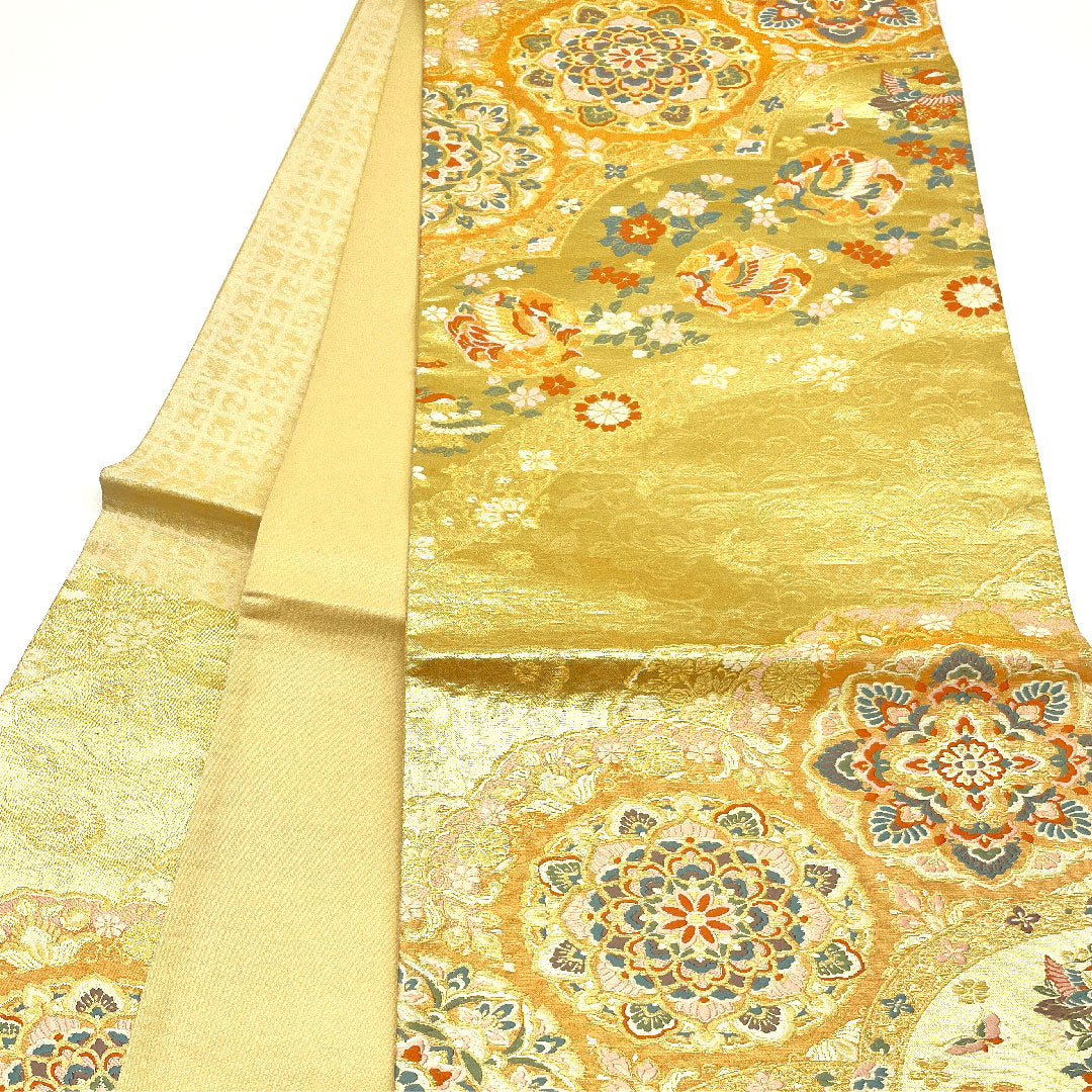 (未仕立)袋帯 吉祥文様 鳥 留袖 帯丈432cm 正絹 NEWランク 六通 フォーマル 金系 1123002441321