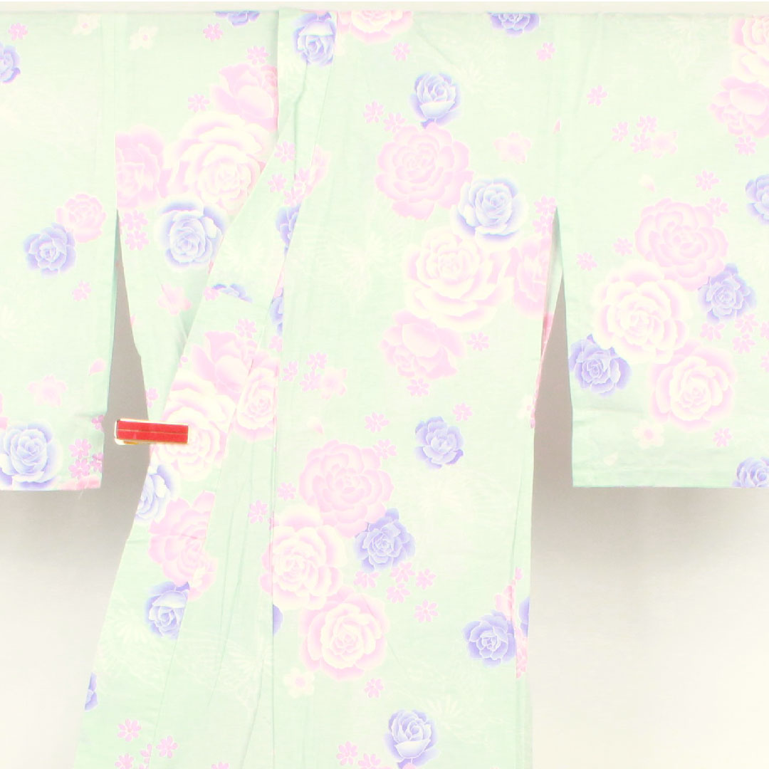 浴衣 藍白色 薔薇 桜 蝶 木綿 Aランク 単衣 身丈158.5cm 裄丈63.5cm 青系 1118001113317