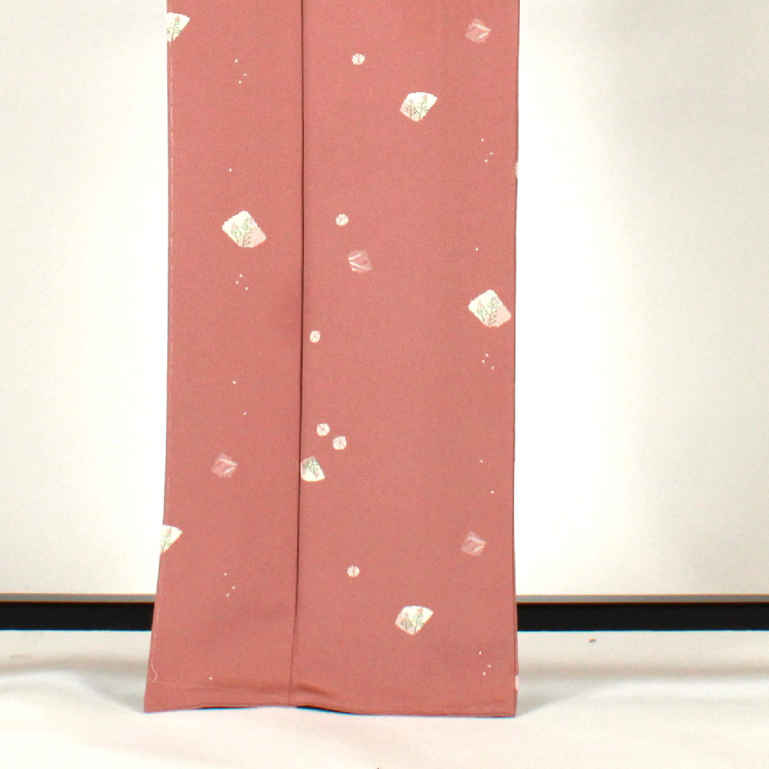 小紋 身丈167cm 裄丈69cm 袷 洗える着物 草花模様 ポリ Sランク ピンク系 1115001612513
