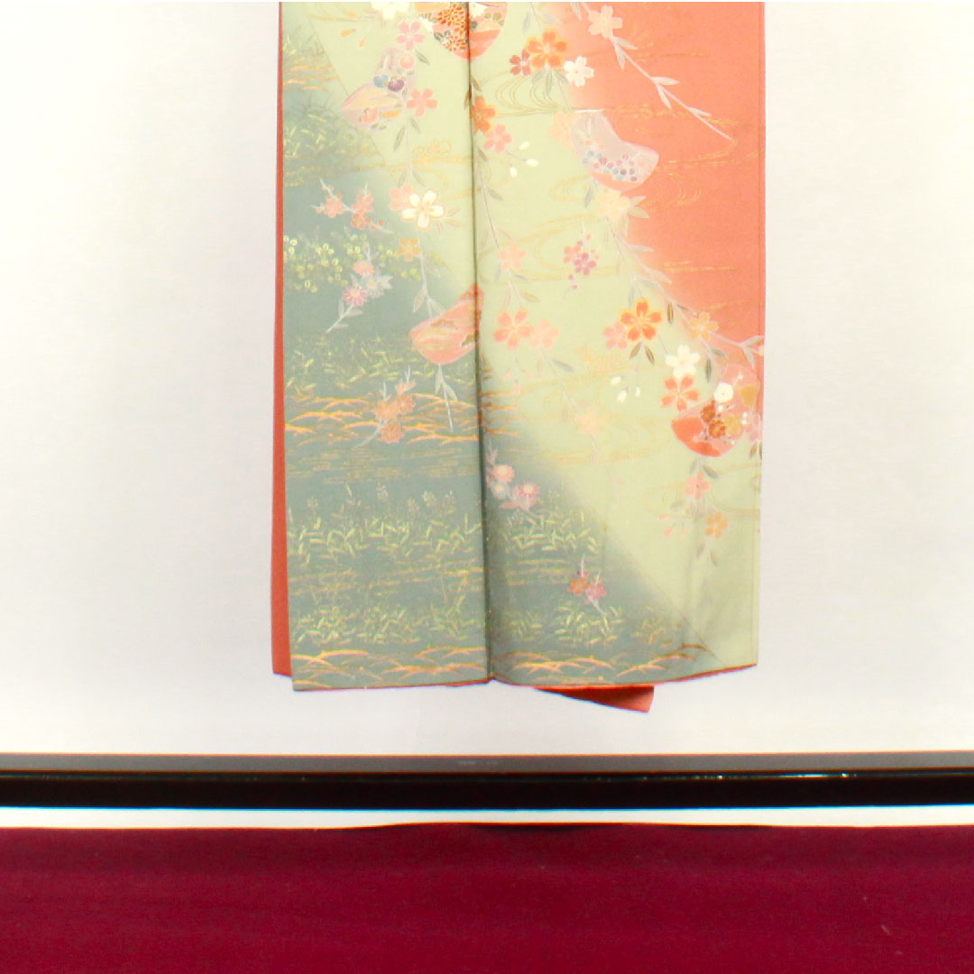 訪問着 袷 身丈145cm 裄丈63cm 珊瑚色 京友禅 桜 流水 正絹 Aランク 朱系 1112002053116