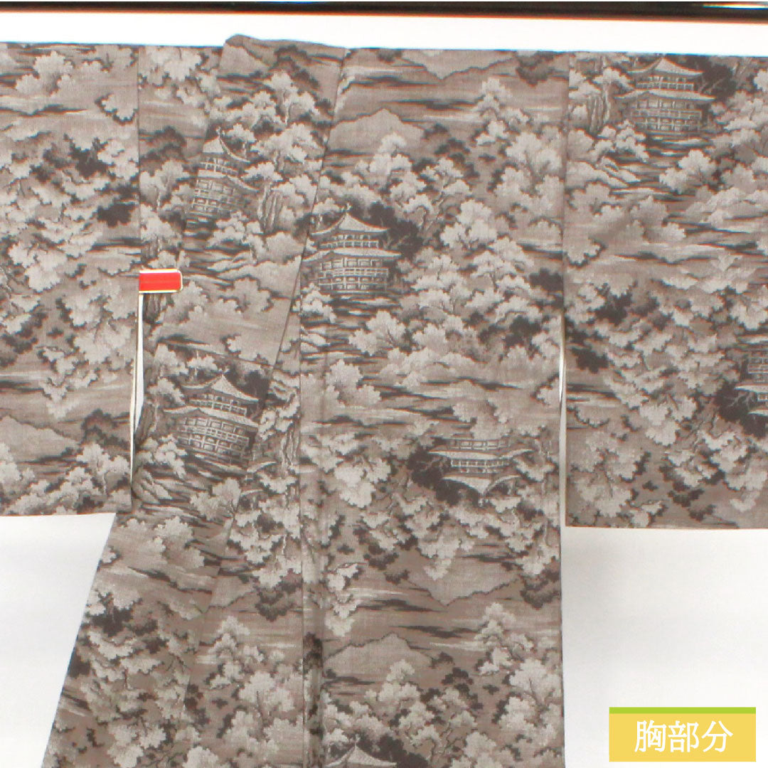 紬 正絹 身丈152cm 裄丈65cm 村山大島 風景模様 Sランク 袷 黒系 1116003382210