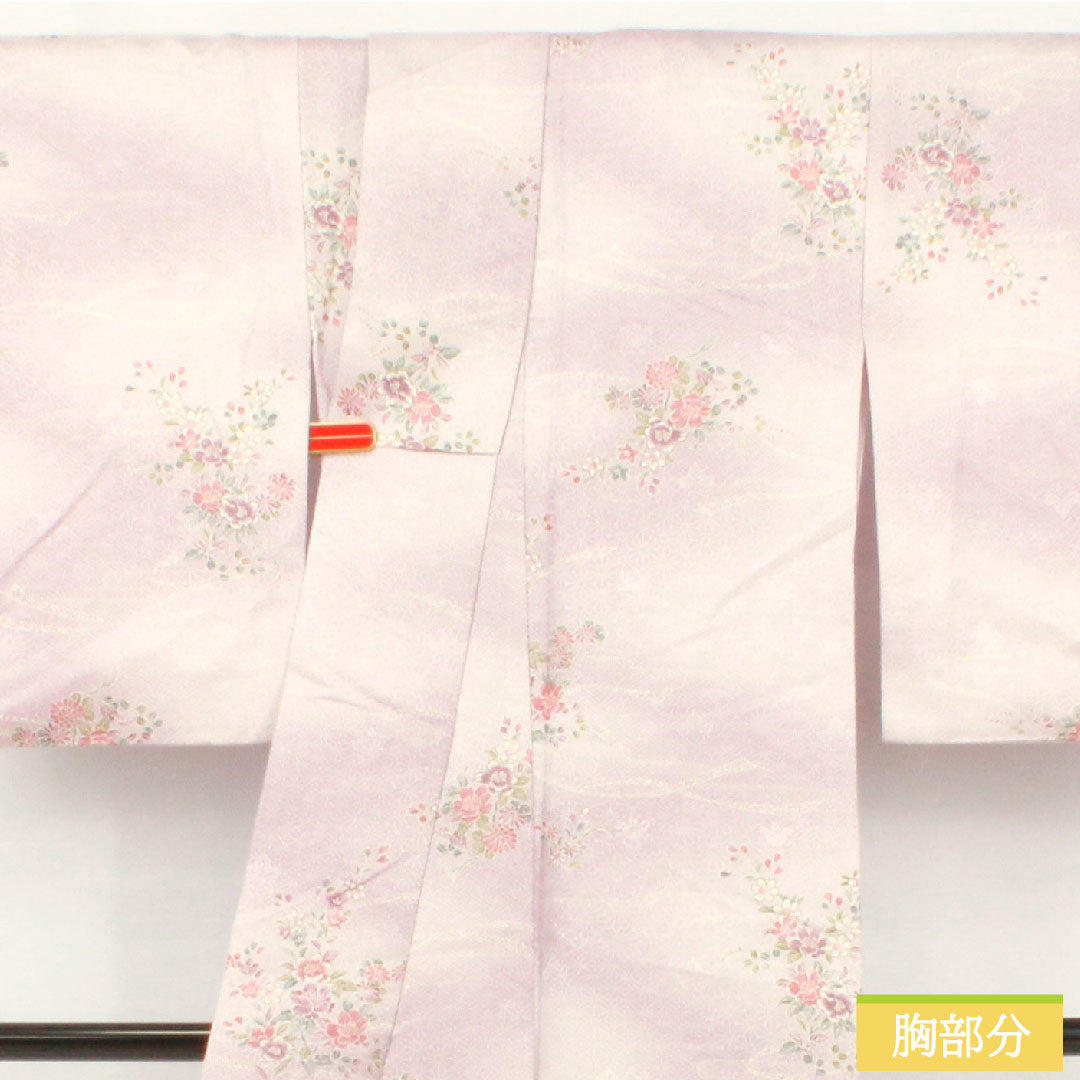 小紋 ポリエステル 身丈157.5cm 裄丈64cm 袷 淡藤色(うすふじいろ) 洗える着物 草花模様 Aランク 紫系 1115004543320
