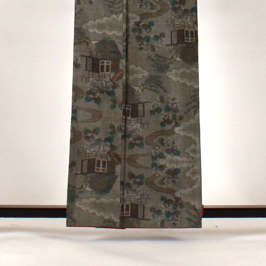 Oshima Tsumugi, Length 161cm, Sleeve length 64cm, Warp and weft ikat, Landscape pattern, Pure silk, S rank, Awase, Brown, 1116001232414