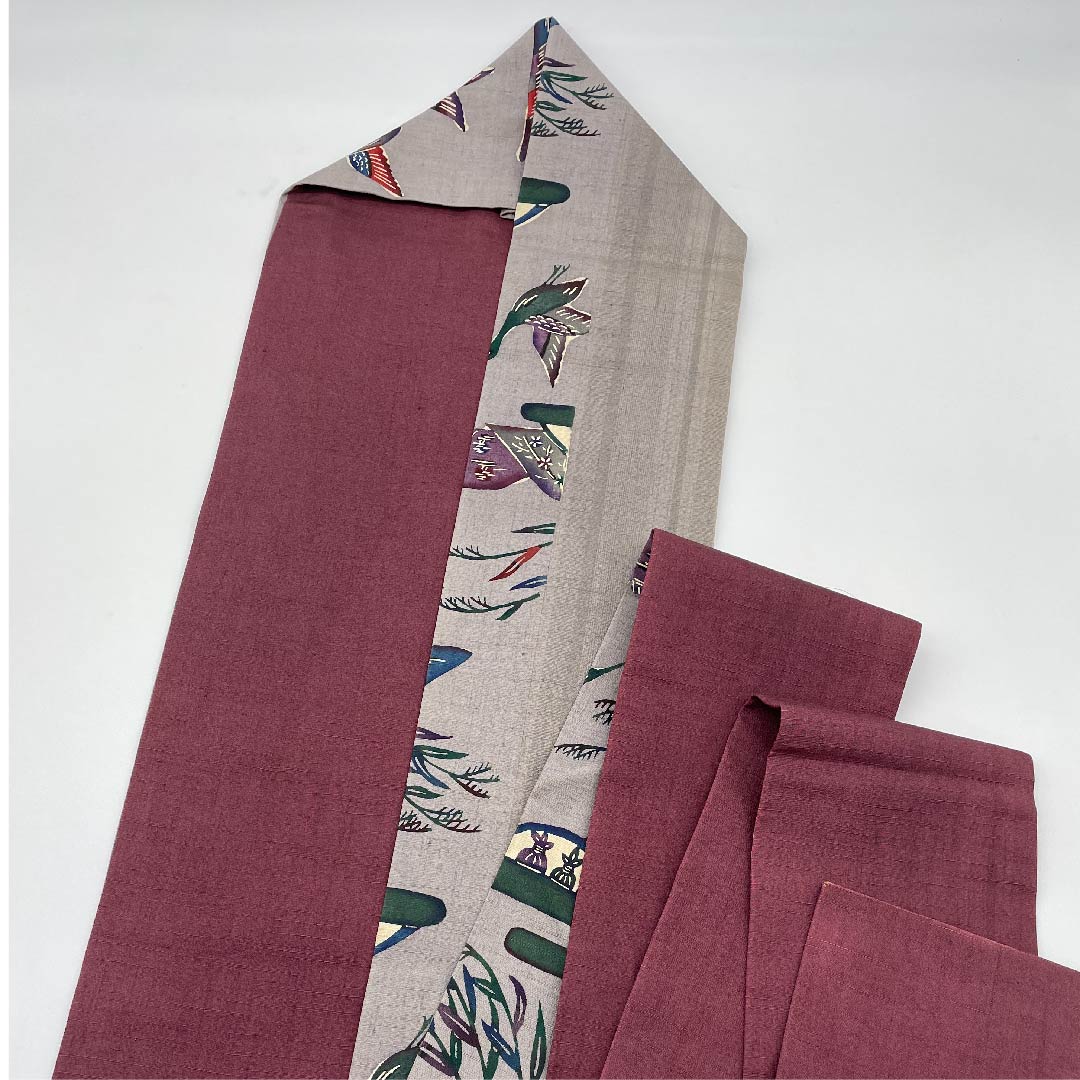 名古屋帯 錫色 鳥 里山の風景 帯丈376cm 正絹 Aランク 全通 カジュアル グレー系 1124005173322 名古屋仕立て