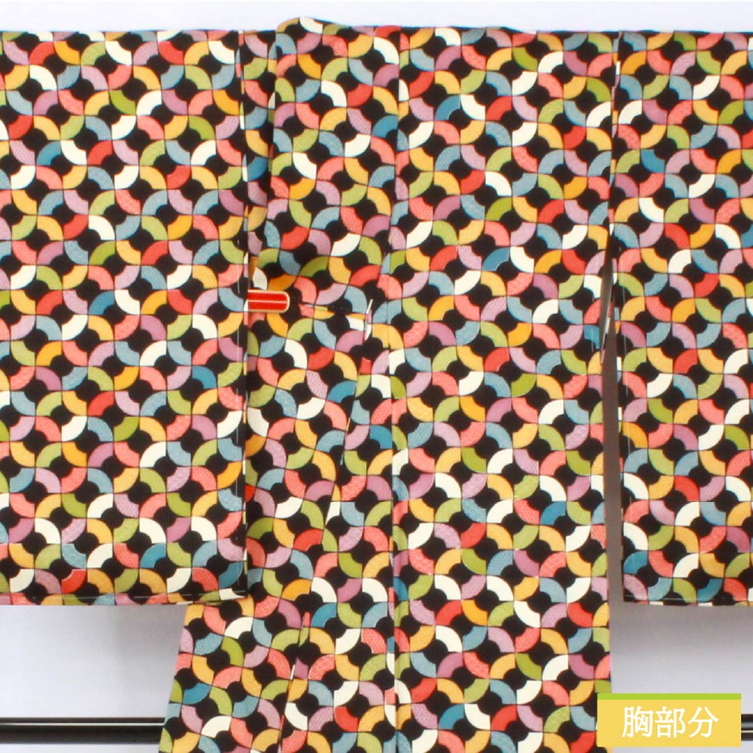 小紋 正絹 身丈154.5cm 裄丈62cm 袷 幾何学模様 しつけ糸付き Sランク 黒系 1115005652210