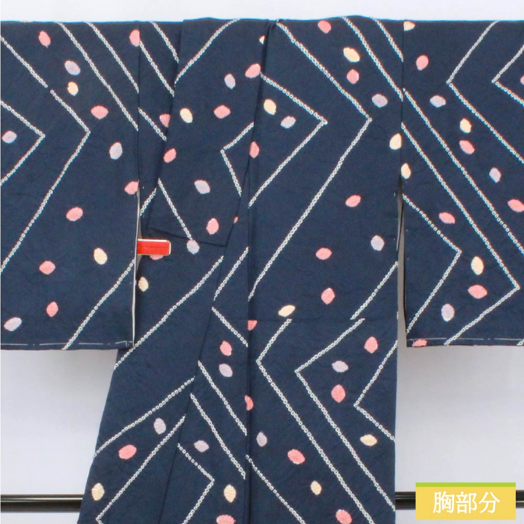 小紋 正絹 Sランク 身丈154.5cm 裄丈62.5cm 袷 濃紺色(のうこんいろ) 線 小帽子絞り しつけ糸付き 紺系 1115006762218