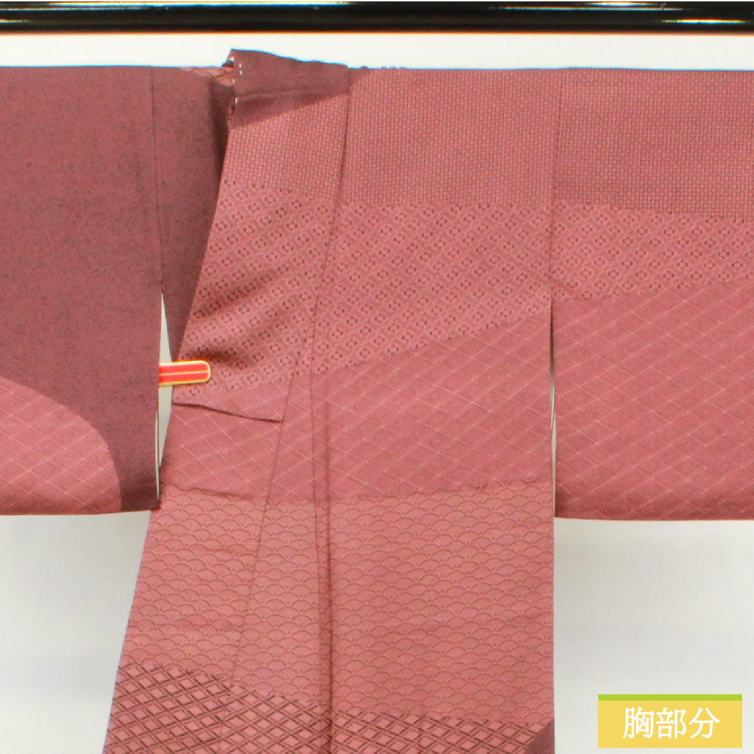 訪問着 正絹 袷 身丈155.5cm 裄丈63.5cm 積紅色(せきこういろ) 型染 割付文様 重ね衿付き Sランク 紫系 1112004792320