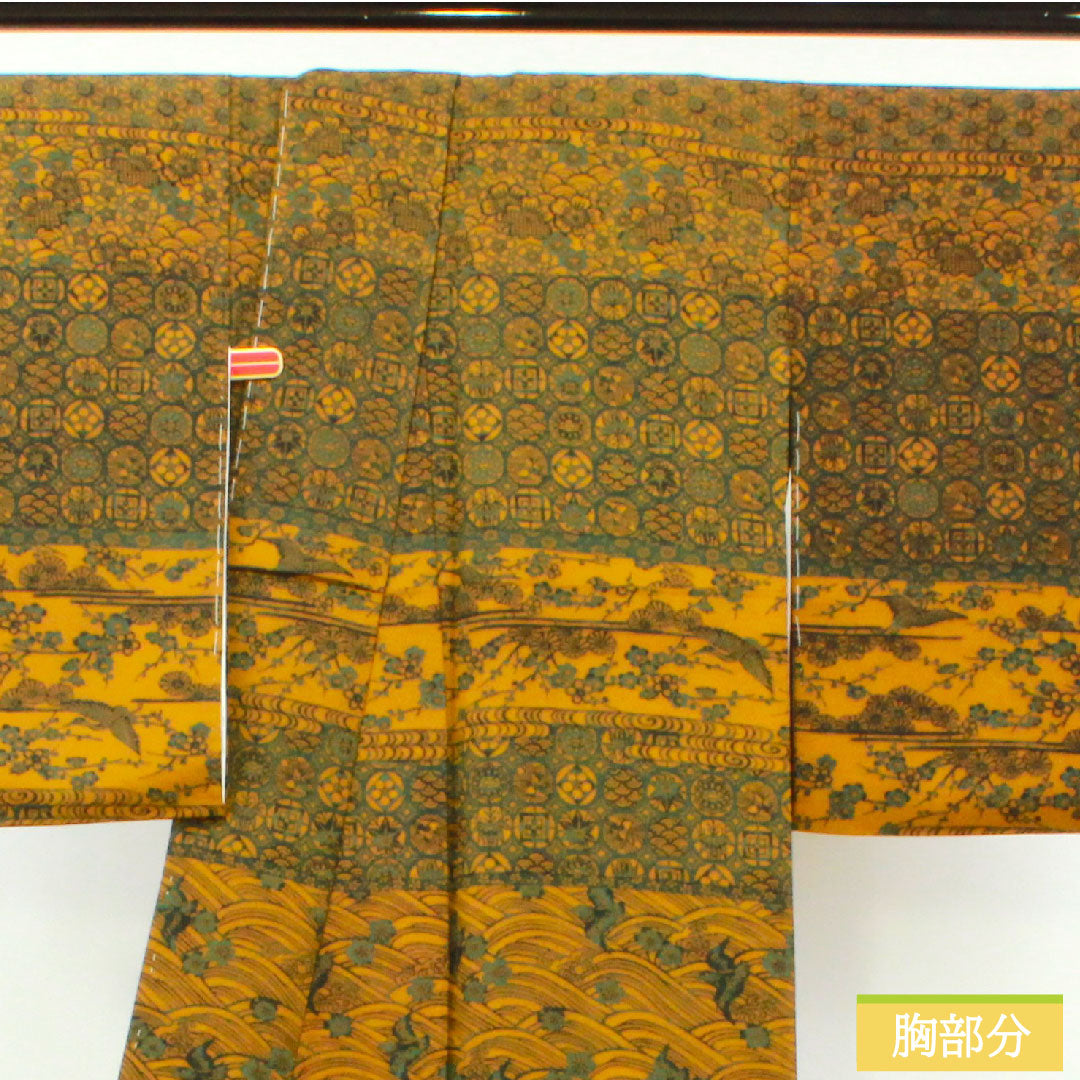小紋 正絹 身丈161.5cm 裄丈65cm 袷 黄橡色(きつるばみいろ) 型染 吉祥文様 Sランク 黄系 1115004192423