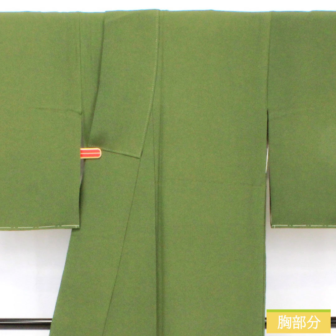 色無地 正絹 身丈157.5cm 裄丈67cm 青丹色(あおにいろ) 素無地 一つ紋 糸輪に違い鷹の羽 袷 Aランク 緑系 1114002113319