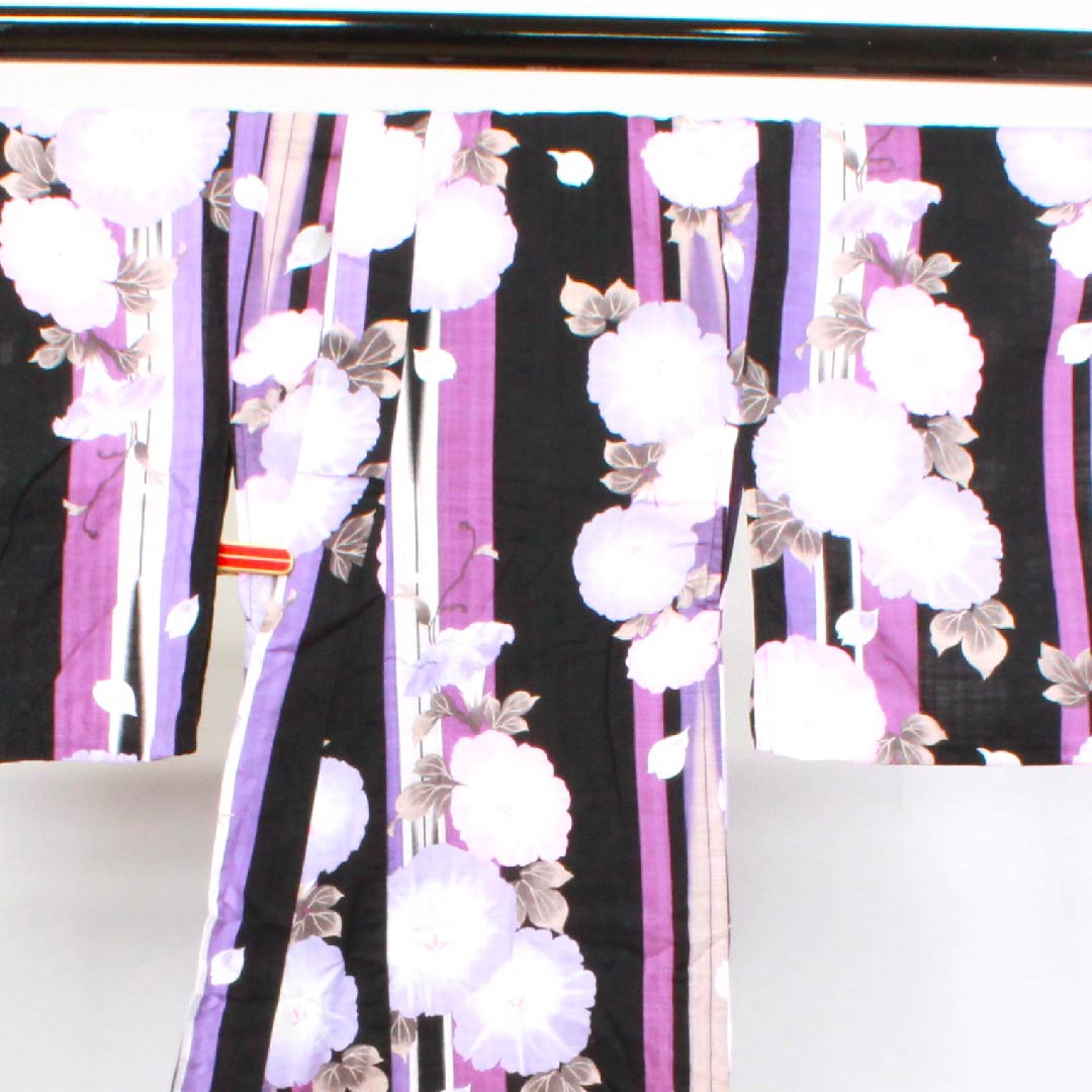 浴衣 黒色 朝顔 木綿 Sランク 単衣 身丈163.5cm 裄丈62.5cm 黒系 1118004092410