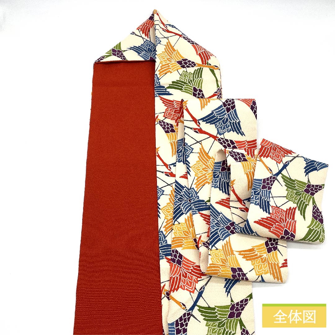 名古屋帯 生成り色(きなりいろ) 鶴 ちりめん地 帯丈368cm 正絹 Aランク 全通 カジュアル 白系 1124006483311 名古屋仕立て