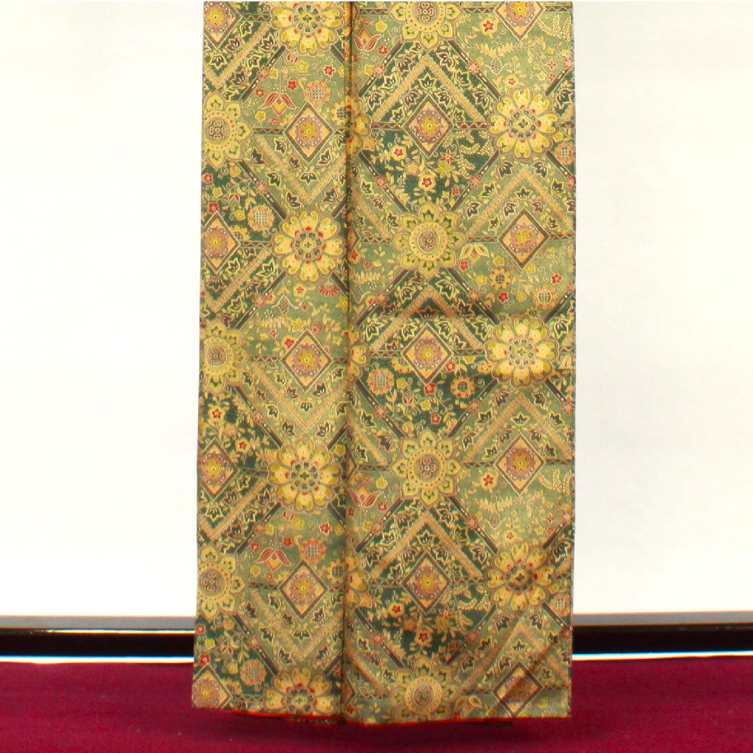 小紋 身丈162cm 裄丈65.5cm 袷 黒木賊色 更紗模様 正絹 Aランク 緑系 1115002703419