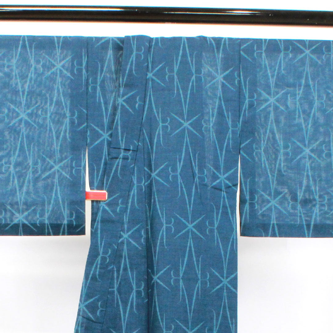 Summer wool tsumugi Length 153.5cm Sleeve length 61.5cm Back color (urai-ro) Geometric pattern Summer wool Gauze S rank Blue 1132001262217